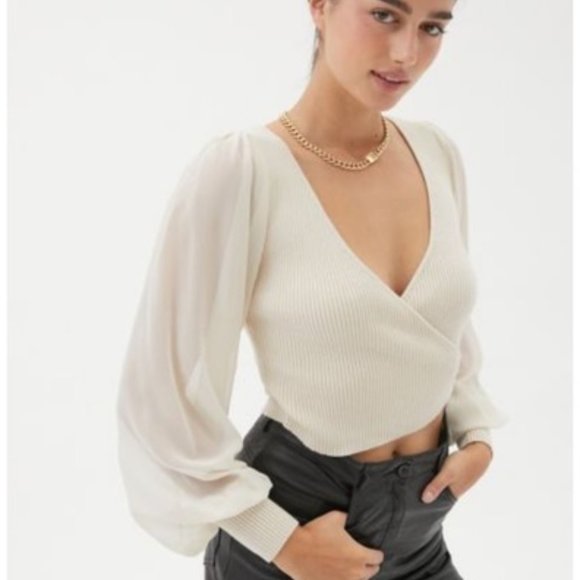 UO Organza Sleeve Surplice Sweater Top